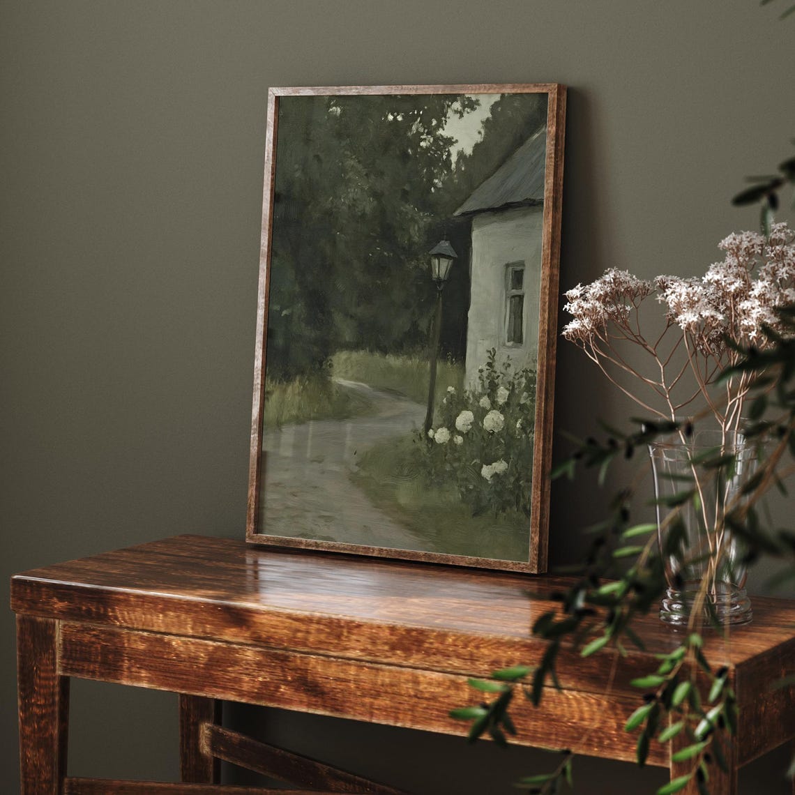 Dusk Cottage Path Vintage Lamppost White Roses Moody Night Poster - Image 6