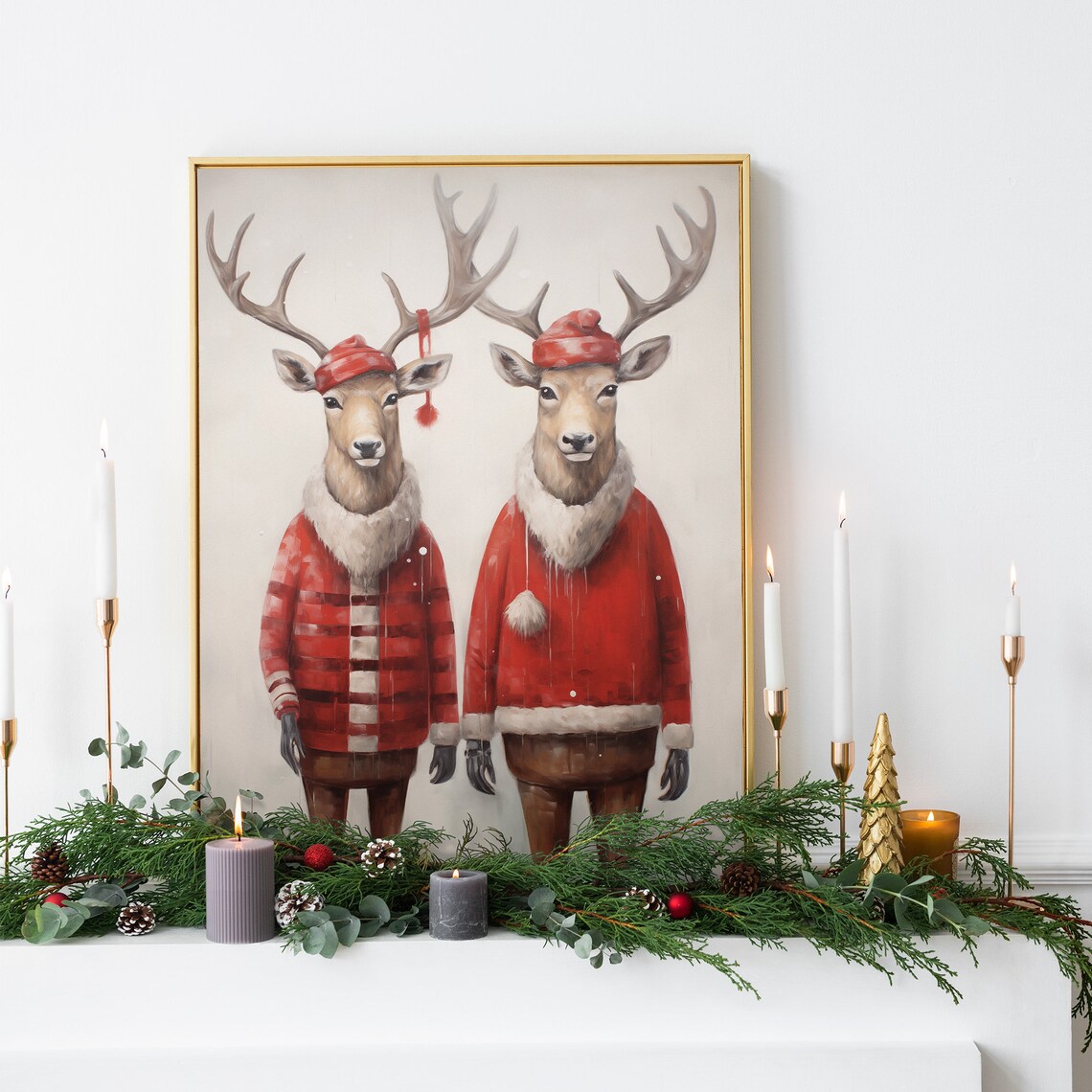 Reindeer Pair in Red Santa Coats Cute Christmas Animal Poster - Image 3