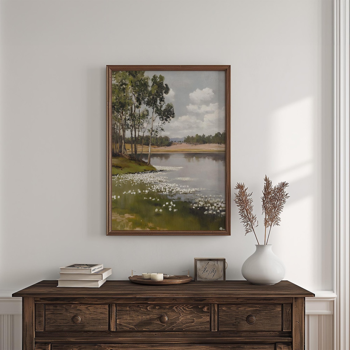 Vintage Spring Lake Landscape, Wildflowers Forest Scene - Image 4
