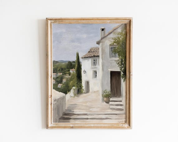 Vintage Tranquil Tuscan Village Street Oil Painting Neutral Stone House Wall Art Vi138