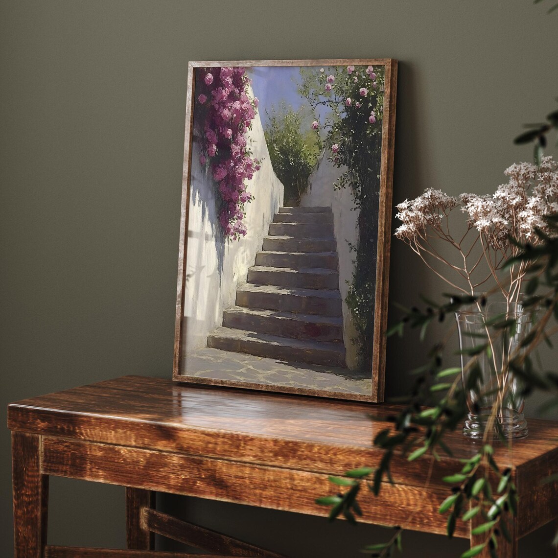 Sunlit Stone Stairway Bougainvillea White Walls Mediterranean Poster - Image 6