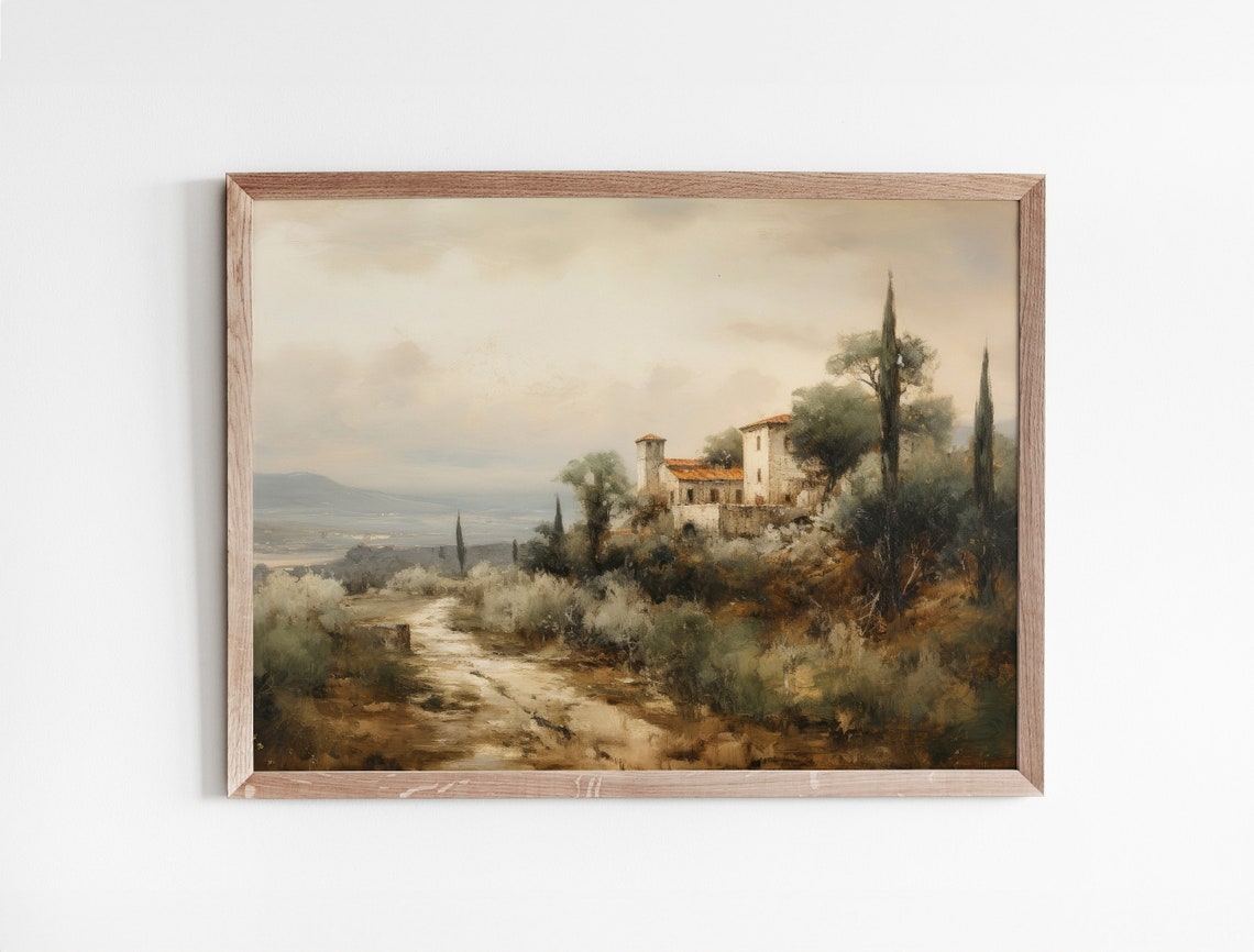 Tuscan Stone Villa On Hill With Cypress Trees Painting Poster - Image 3