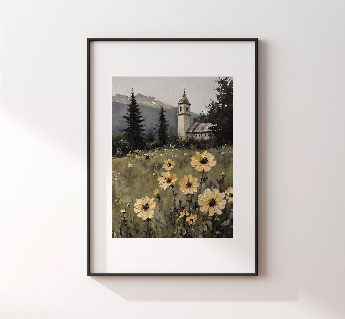 Mountain Village Church With Daisies Vintage Alpine Painting Poster - Image 2