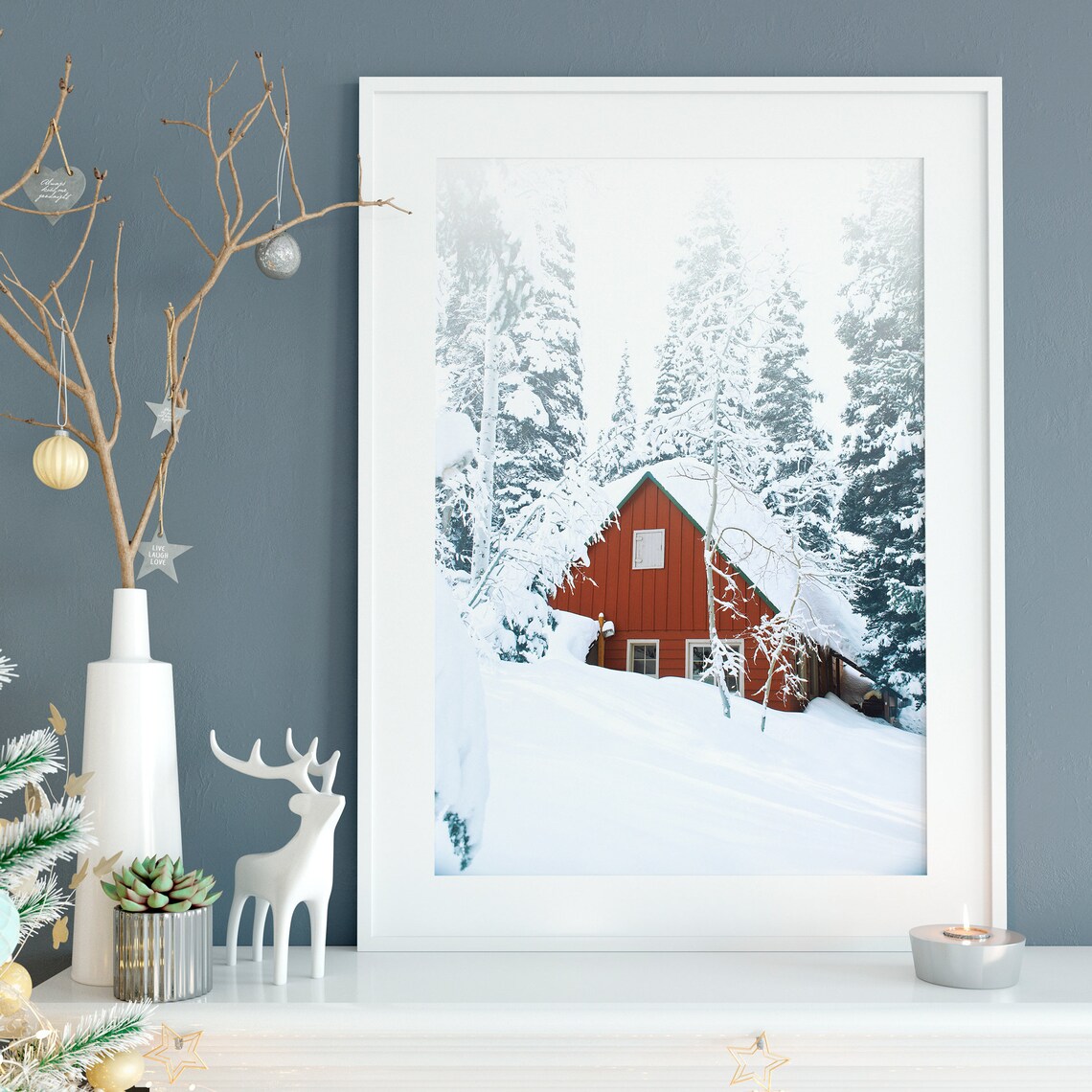 Red Cabin Snowy Winter Forest Landscape Photography Art Poster - Image 4