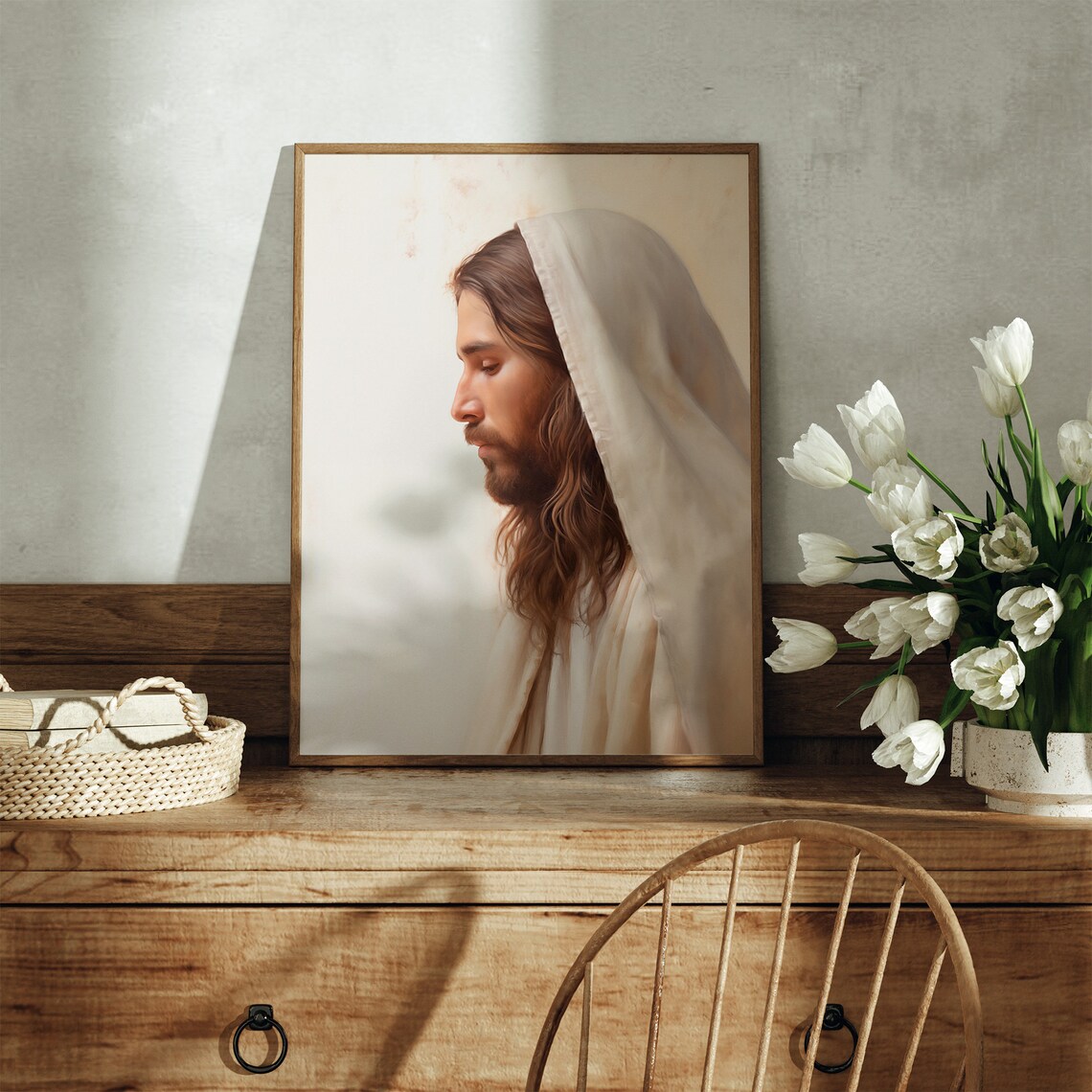Jesus Christ Portrait In Soft Ivory Tones Serene Christian Religious Poster - Image 5