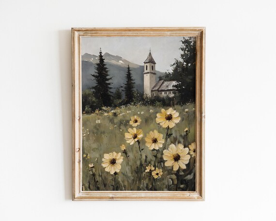 Mountain Village Church With Daisies Vintage Alpine Painting Poster