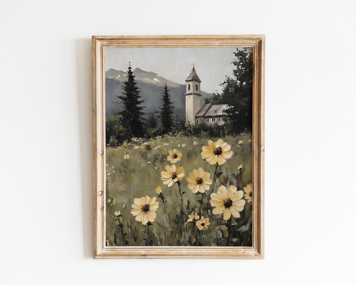 Mountain Village Church With Daisies Vintage Alpine Painting Poster