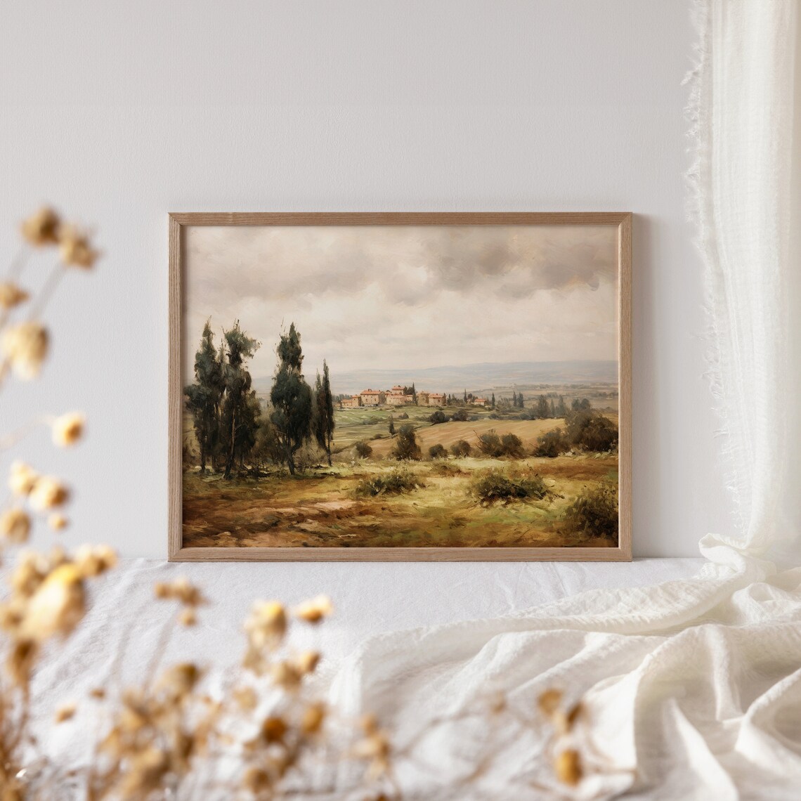 Italian Hilltop Village With Cypress Trees Vintage Painting Poster - Image 4