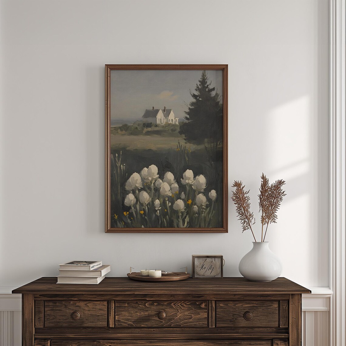 Coastal Cottages With White Tulips Vintage Seaside Landscape Painting Poster - Image 4