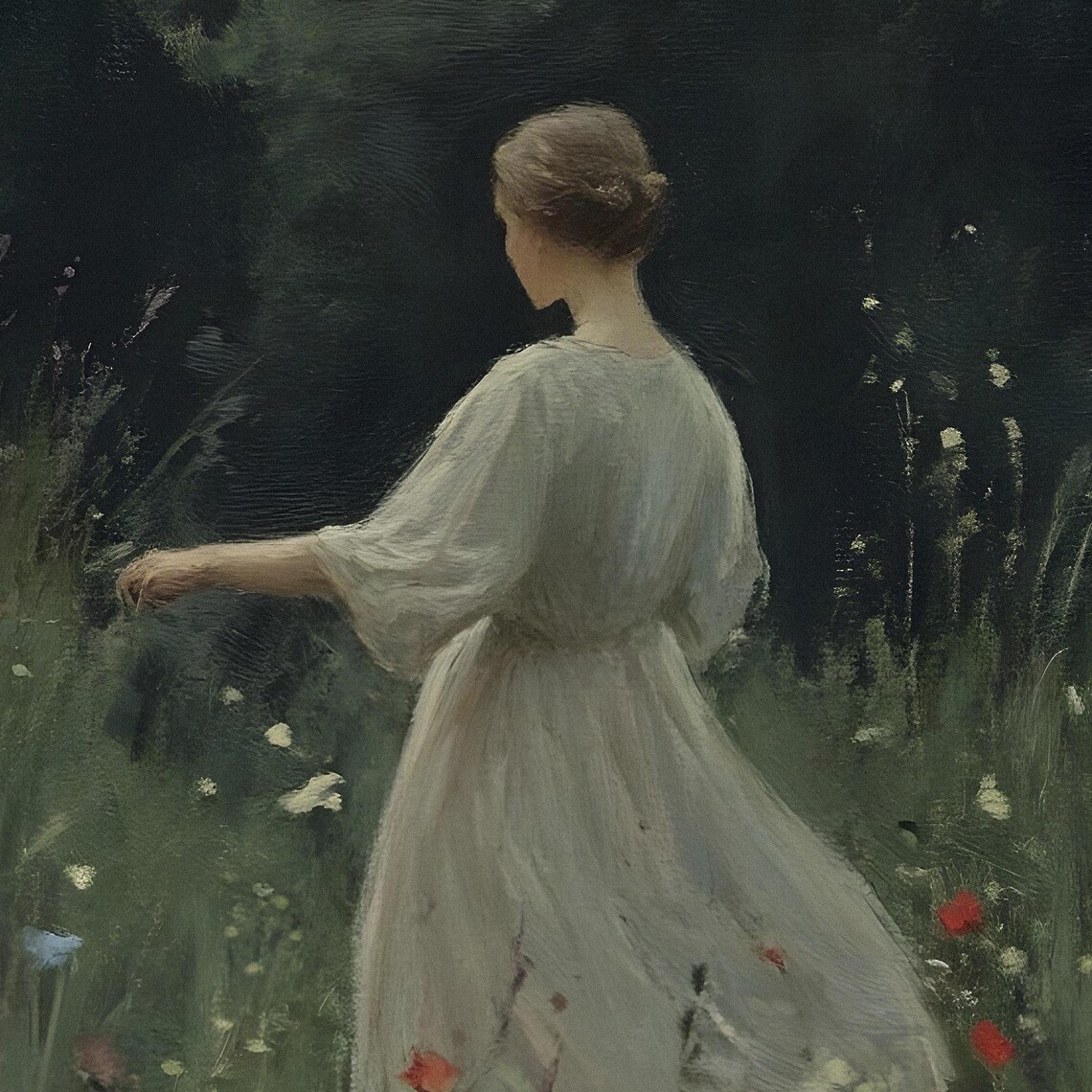 Woman In White Dress Among Red Poppies Vintage Meadow Painting Poster - Image 2