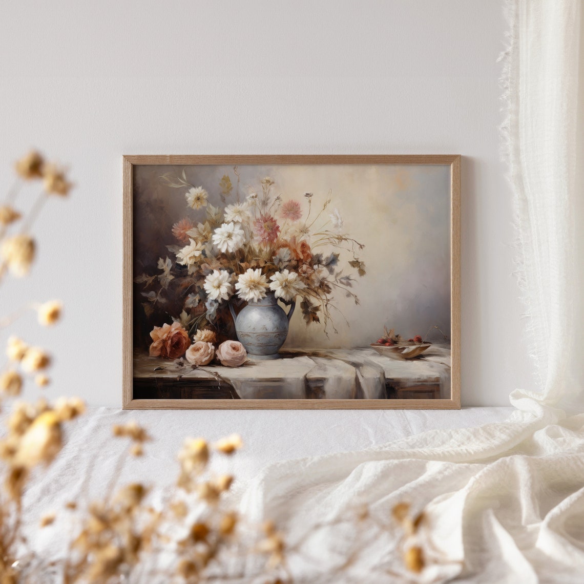 Neutral Daisy And Rose Bouquet In Blue Pitcher Painting Poster - Image 4