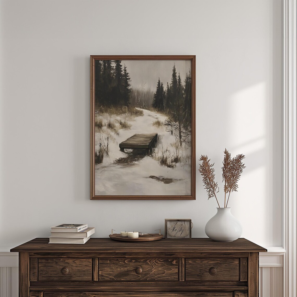 Vintage Winter Landscape, Moody Forest Scene With Bridge - Image 7