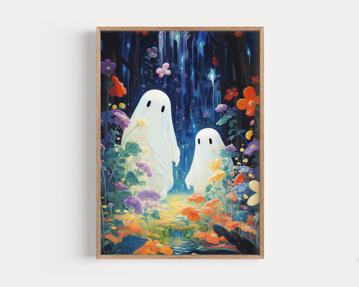 Two Ghosts In A Waterfall Grotto With Bright Flowers Halloween Poster - Image 2