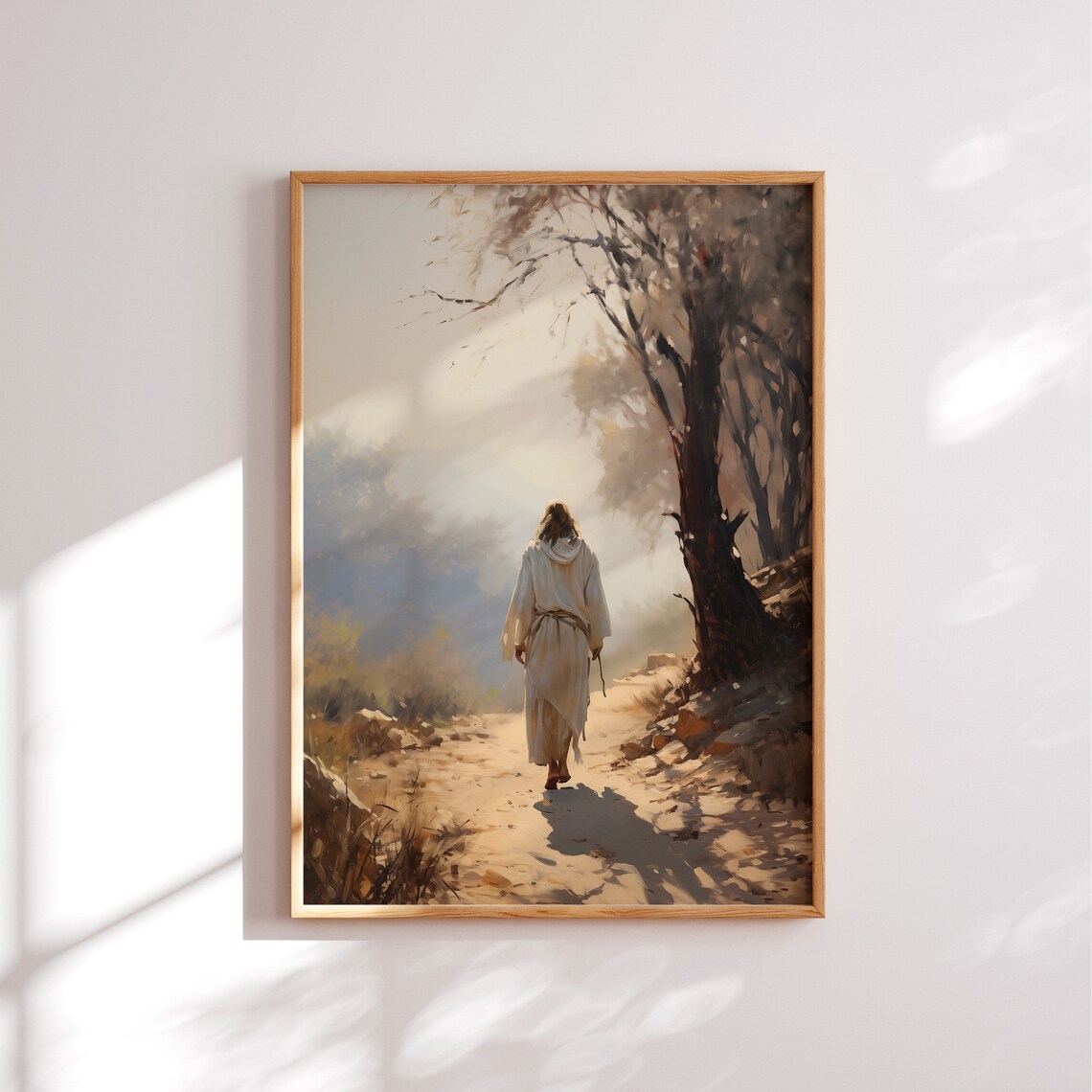 Jesus Walking the Path Misty Morning Warm Christian Oil Painting Poster - Image 3