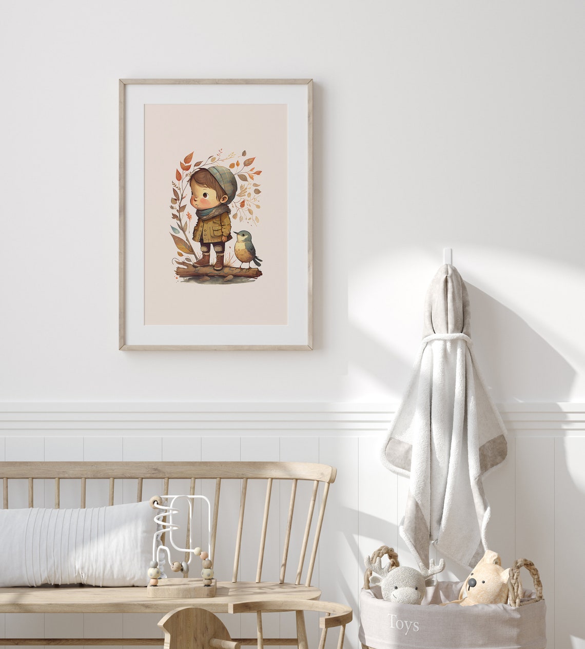 Little Boy and Bird Autumn Illustration Nursery Kids Room Poster - Image 3