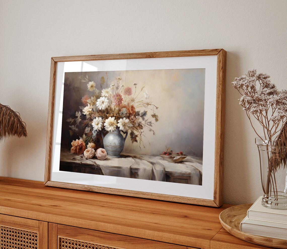 Neutral Daisy And Rose Bouquet In Blue Pitcher Painting Poster - Image 2