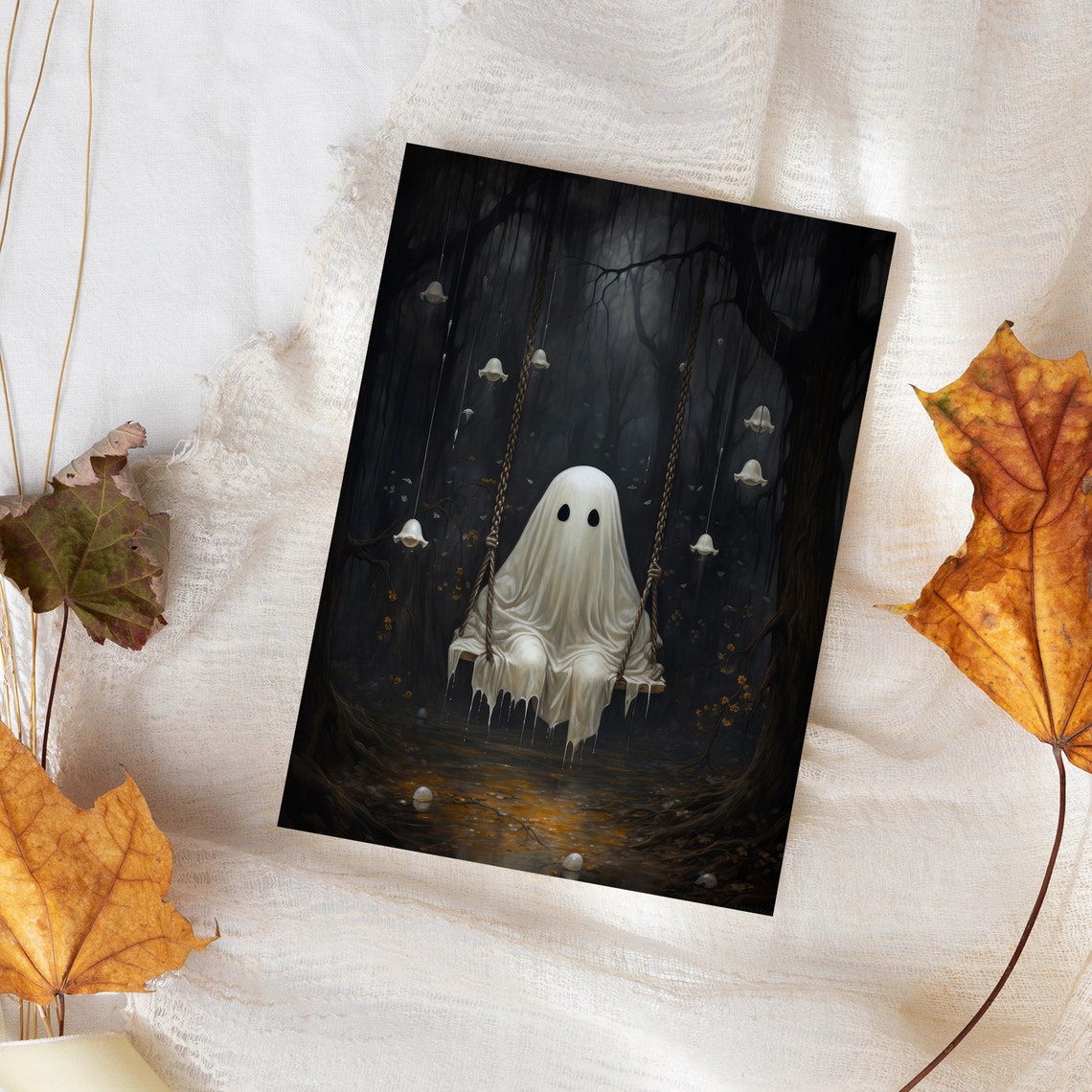 Sheeted Ghost on a Swing in a Dark Forest Halloween Spooky Art Poster - Image 4