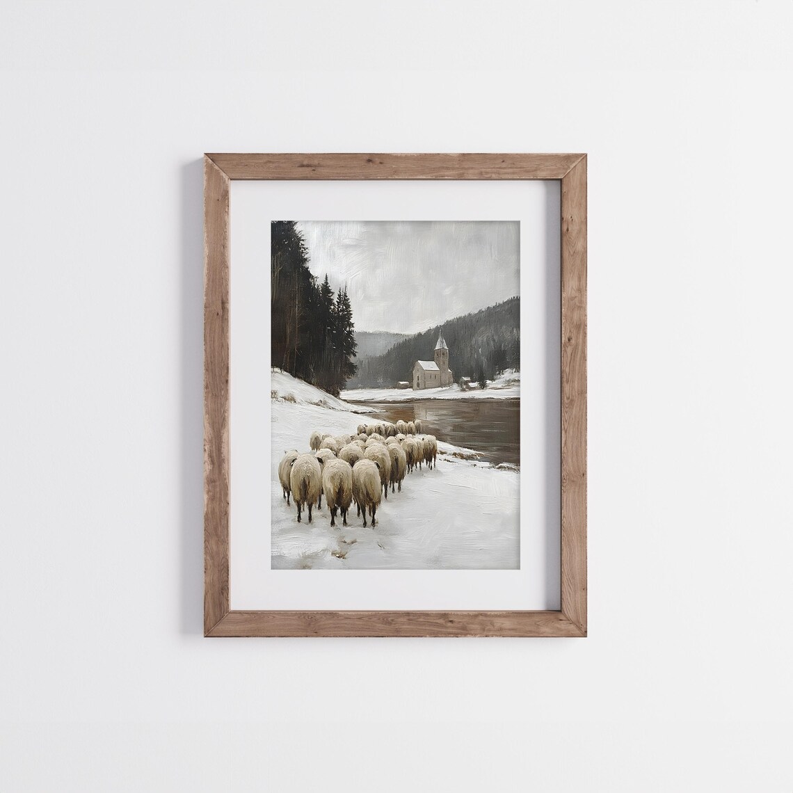 Sheep Herd On Snowy Riverbank With Church Across Water Vintage Winter Poster - Image 4