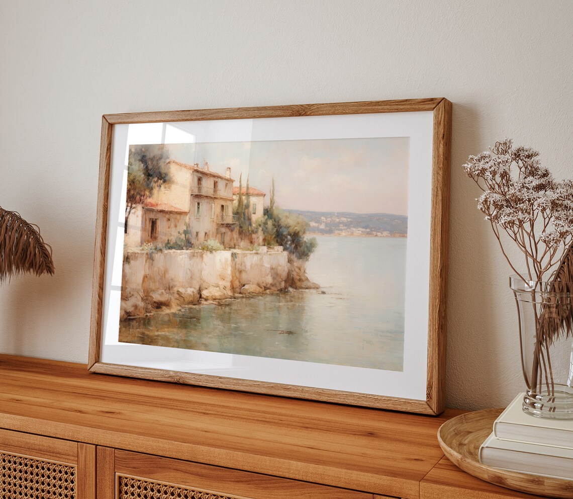 Mediterranean Seaside Village on Rocky Cliffs Warm Tone Vintage Art Poster - Image 2