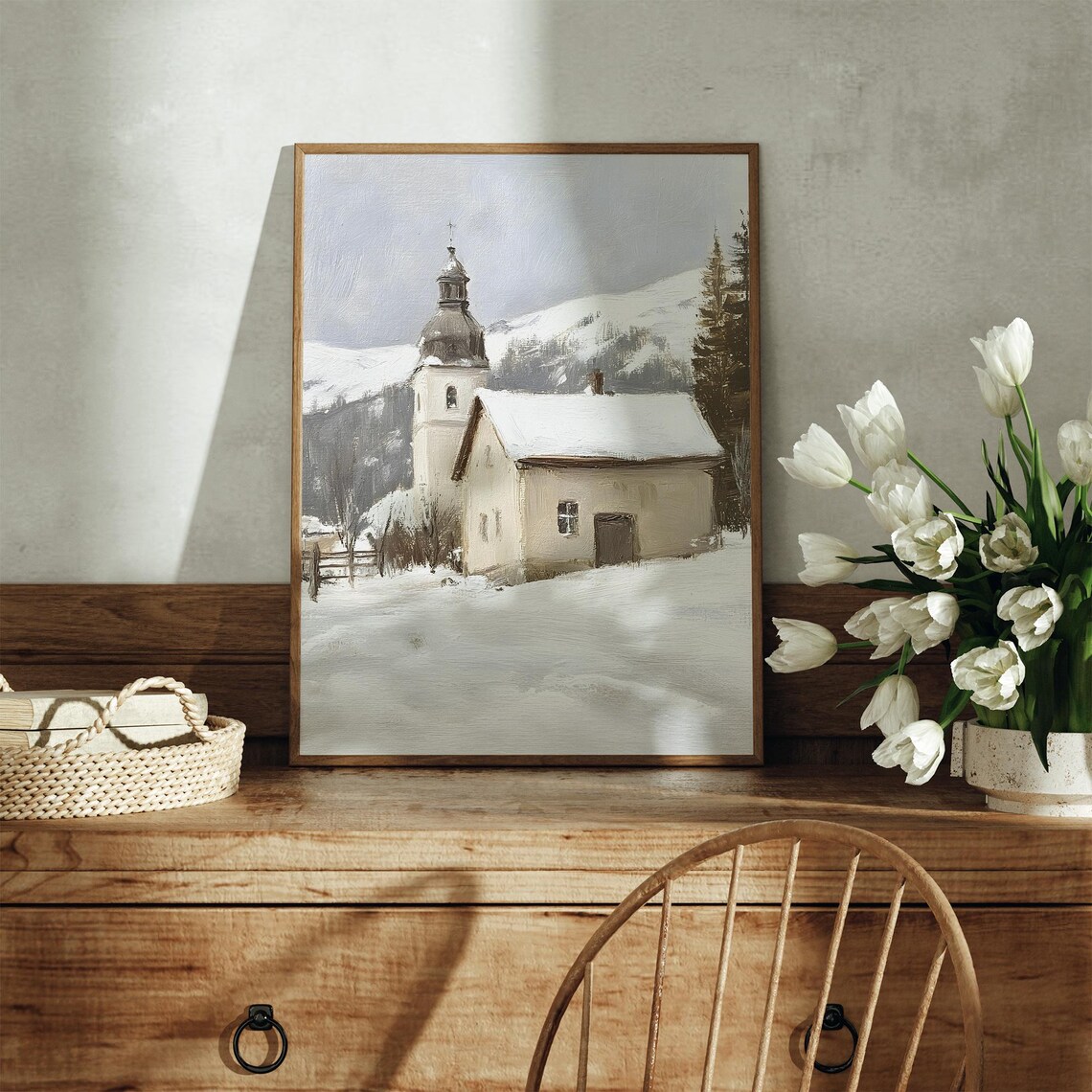 Vintage Winter Landscape, Snowy Church Scene - Image 3