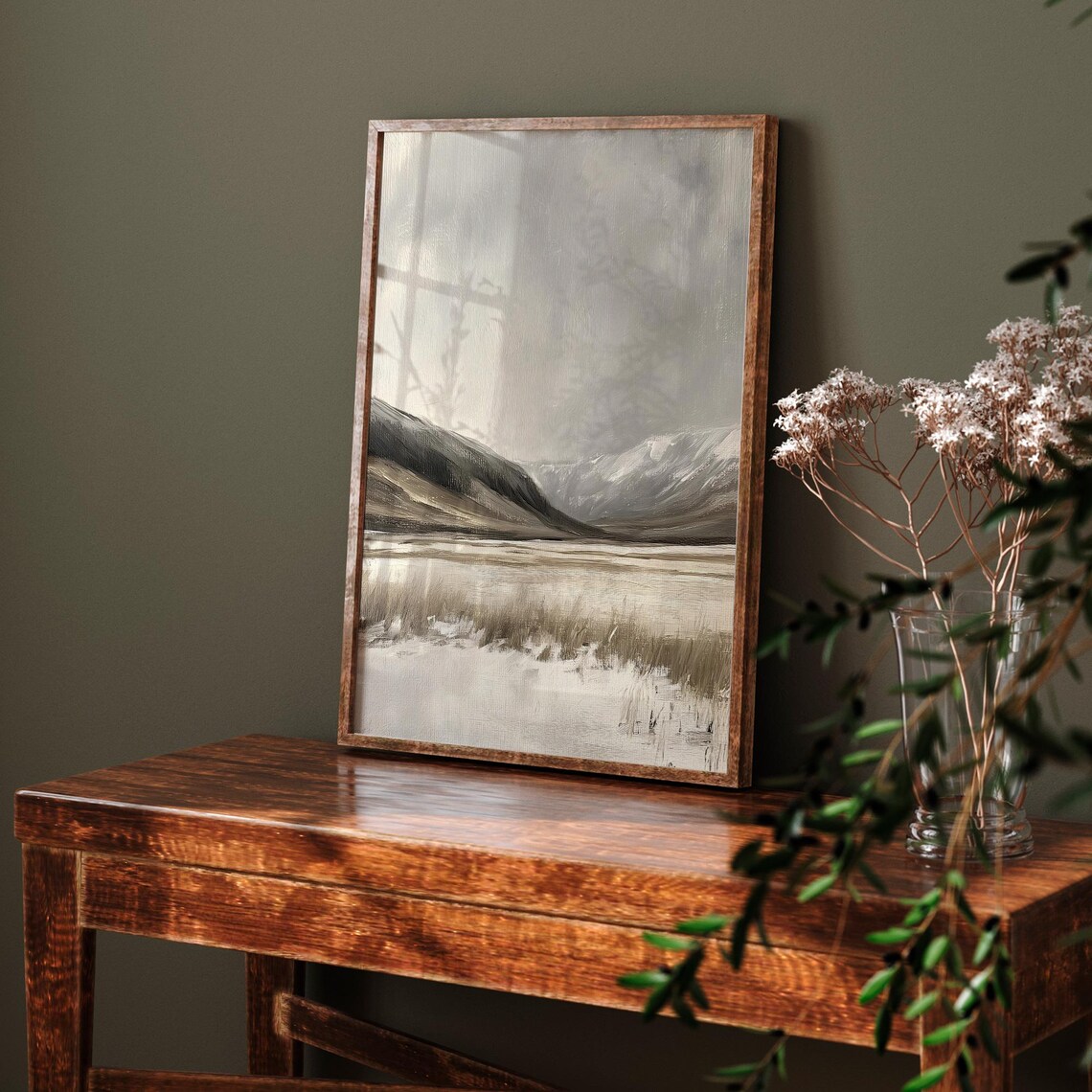 Vintage Winter Mountain Landscape, Moody Painting - Image 6