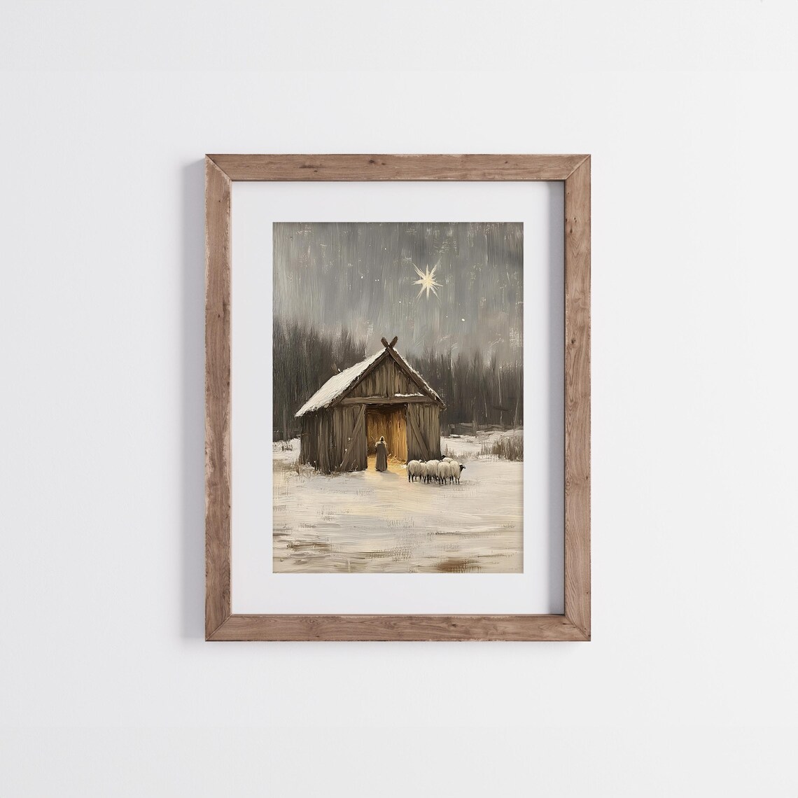 Vintage Winter Scene Painting, Rustic Christmas Shepherd - Image 3