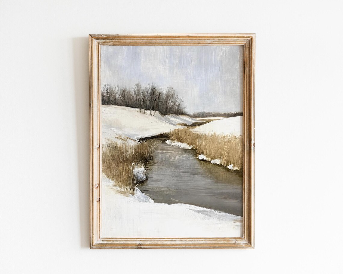 Winter Creek Through Snow With Reeds Muted Vintage Landscape Painting Poster