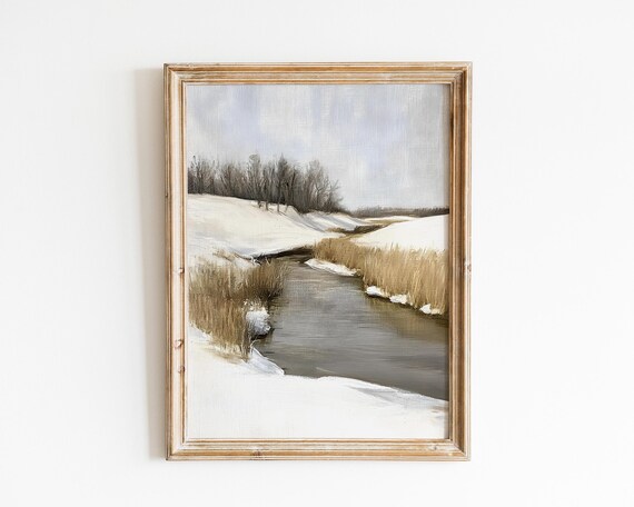 Winter Creek Through Snow With Reeds Muted Vintage Landscape Painting Poster