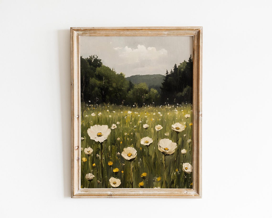 White Poppy Meadow With Forest Hills Vintage Floral Painting Poster