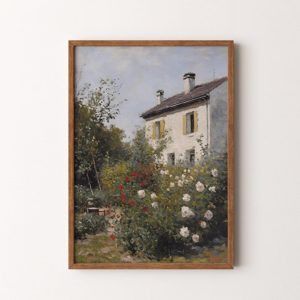 Vintage Cottage Garden Painting French Country Floral Landscape With House Rose Bushes And Trees Vi209