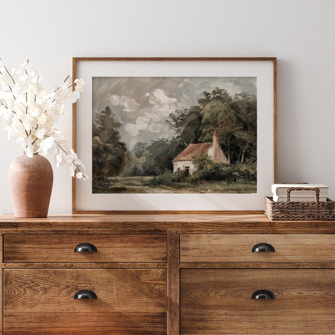 White Cottage Red Roof Hidden in Green Woods Vintage Painting Poster - Image 7