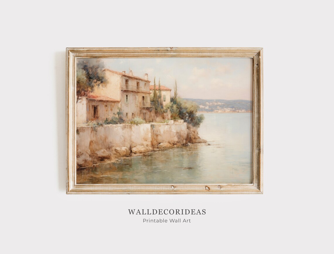 Mediterranean Seaside Village on Rocky Cliffs Warm Tone Vintage Art Poster