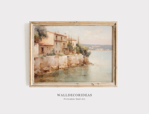 Mediterranean Seaside Village on Rocky Cliffs Warm Tone Vintage Art Poster