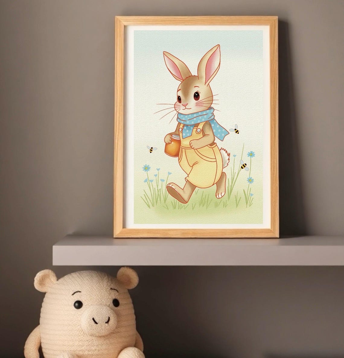 Bunny Running With Honey Jar Cartoon Spring Meadow Nursery Poster