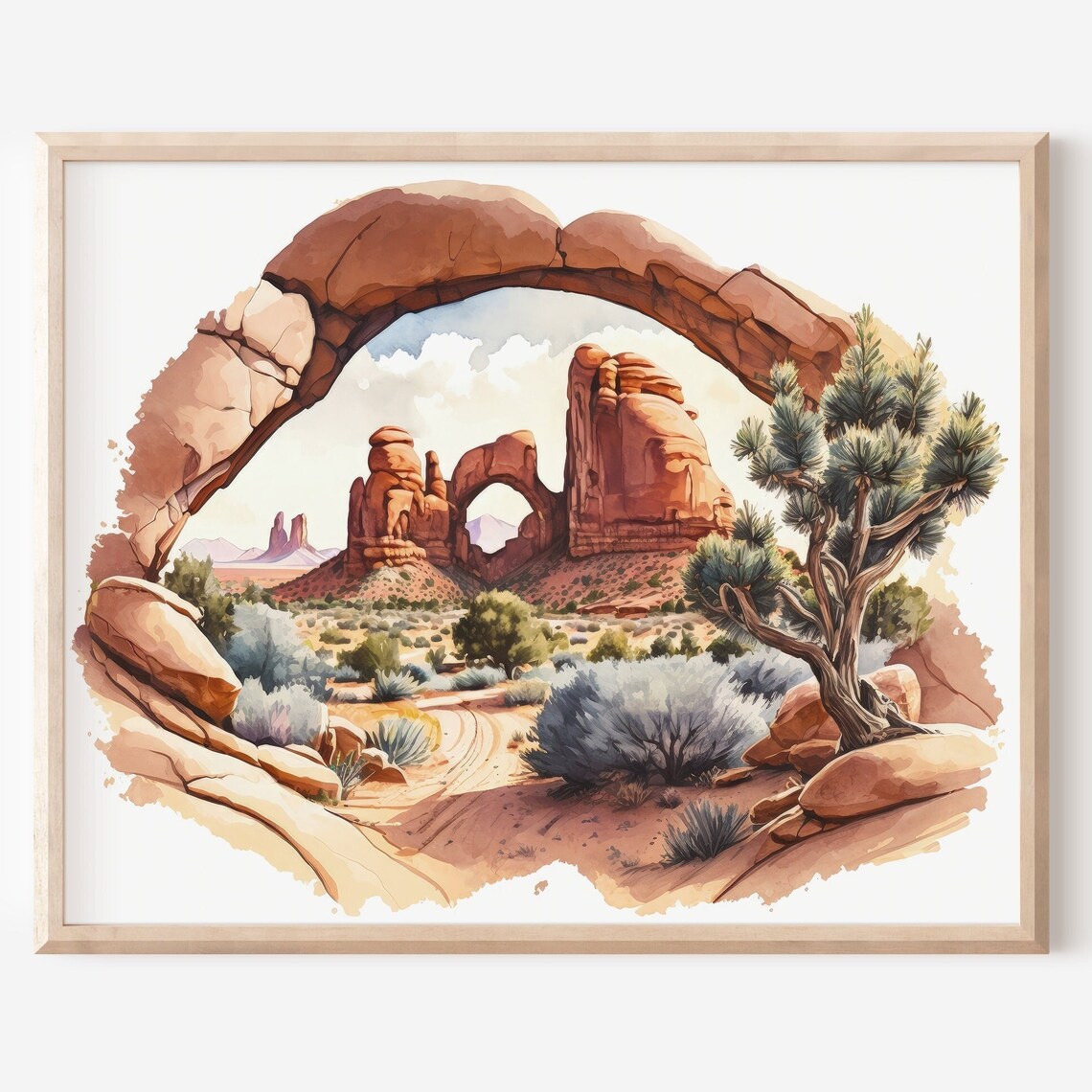Arches Red Rock Desert Watercolor Poster Utah Canyon Juniper Landscape