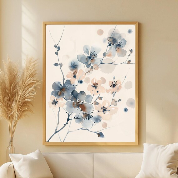 Blue and Beige Watercolor Cherry Blossoms Japandi Floral Wall Art