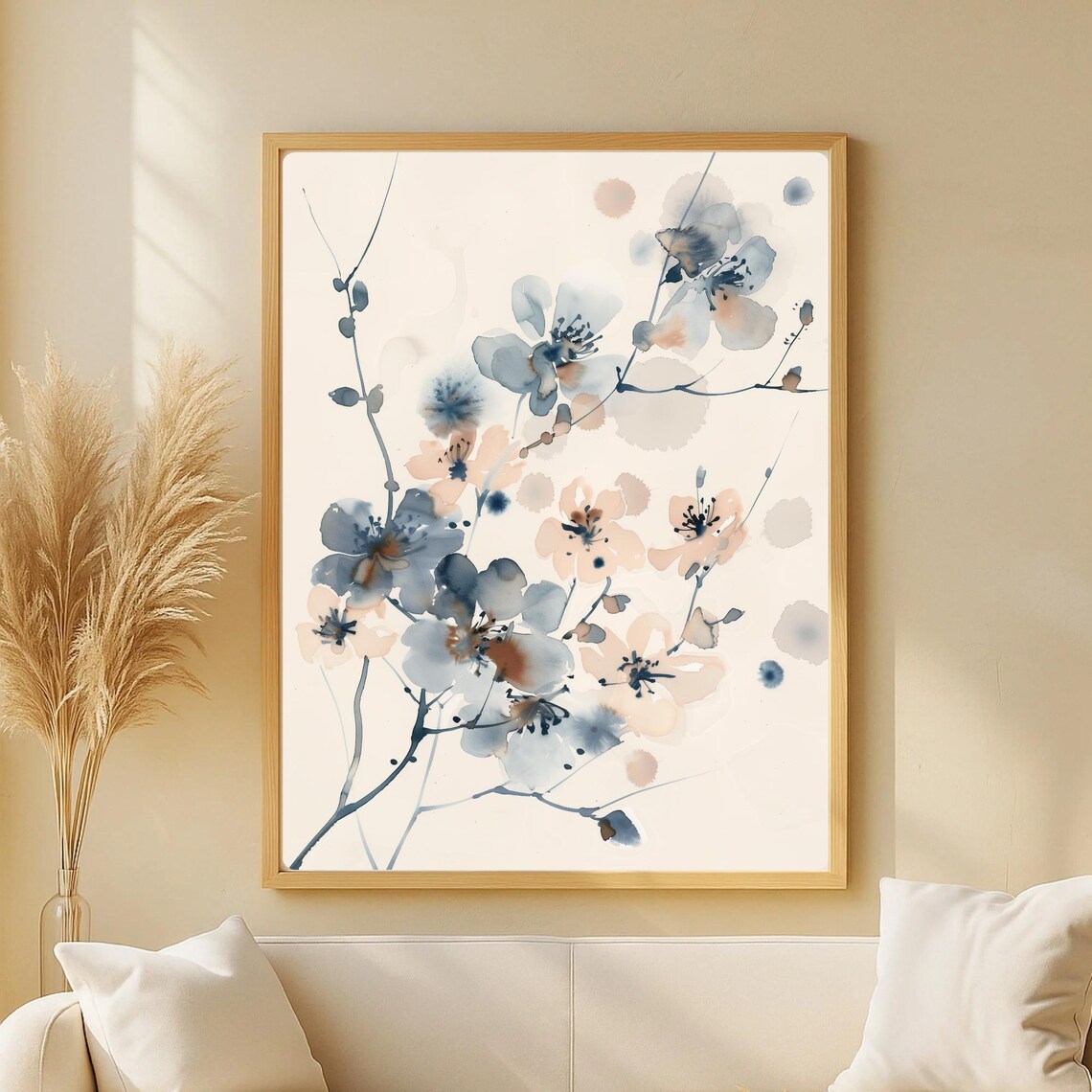 Blue and Beige Watercolor Cherry Blossoms Japandi Floral Wall Art