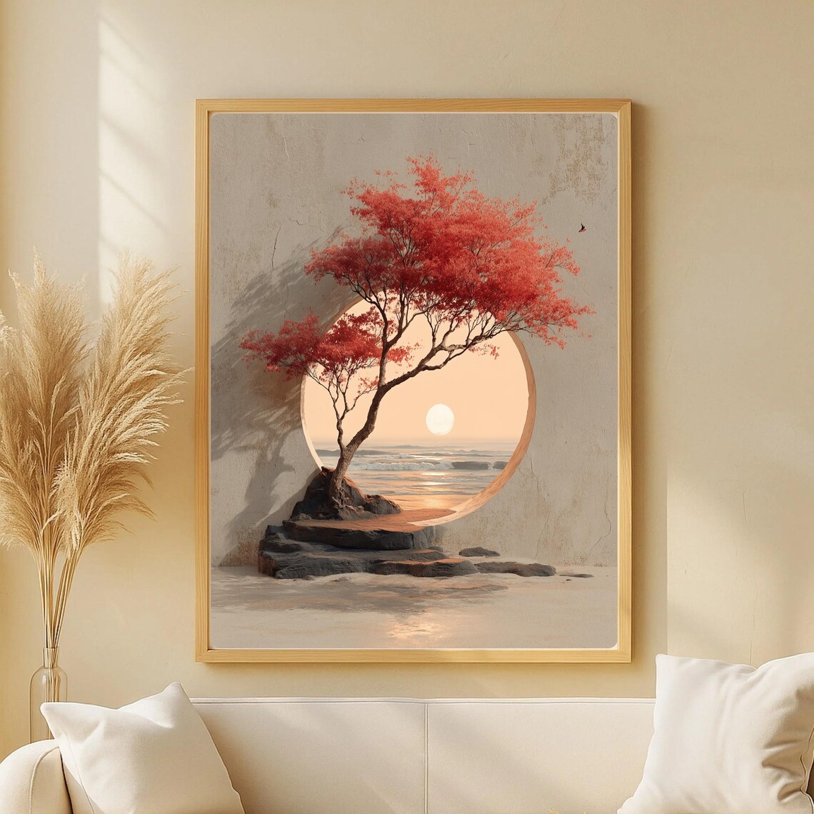 Minimal Red Tree Facing The Sun, Japandi Art Print