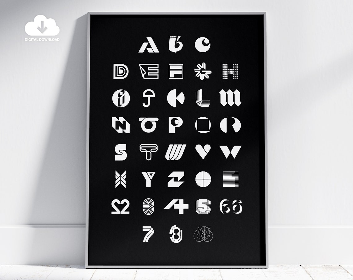 Stylized Alphabet Letterforms White On Black Designer Typeface Poster