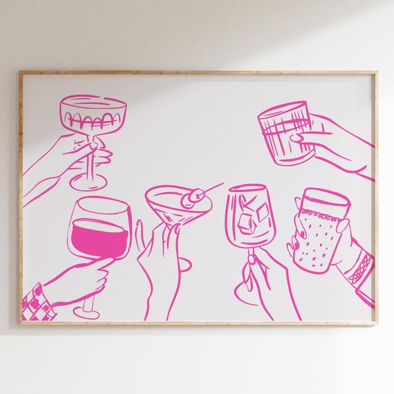 Pink Bar Cart Wall Art Trendy Bar Cart Decor Cheers Print Hand Drawing Print Modern Bar Cart Wall Art Retro Kitchen