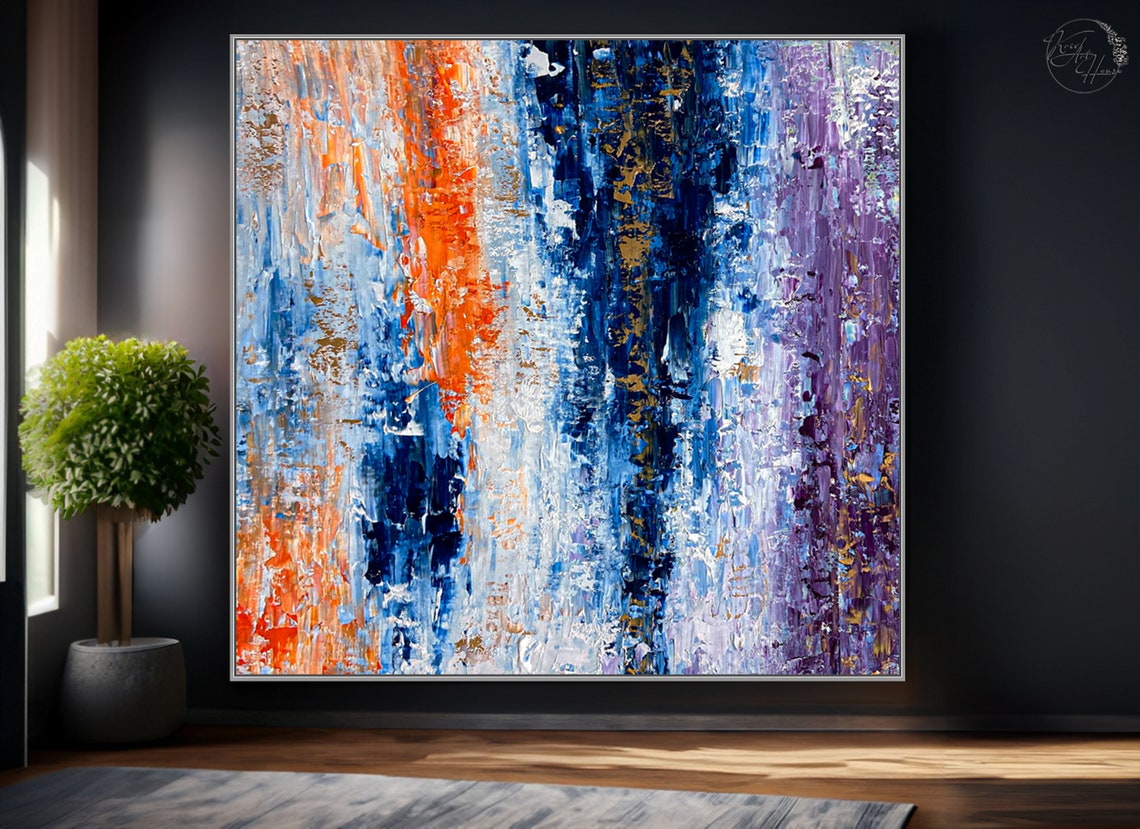 Bold Orange Navy Purple Abstract Palette Knife Textured Wall Art - Image 2