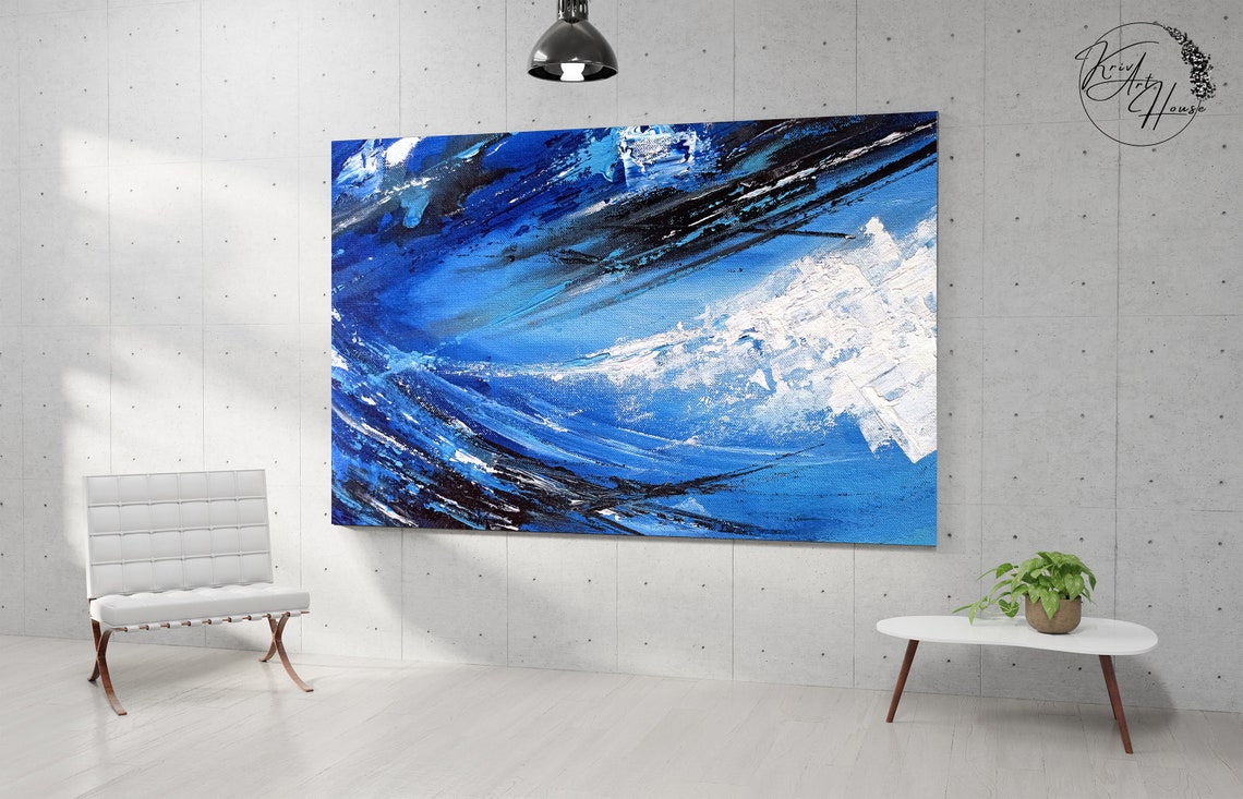 Stormy Blue Ocean Waves Bold Black White Strokes Art Wall Print - Image 2
