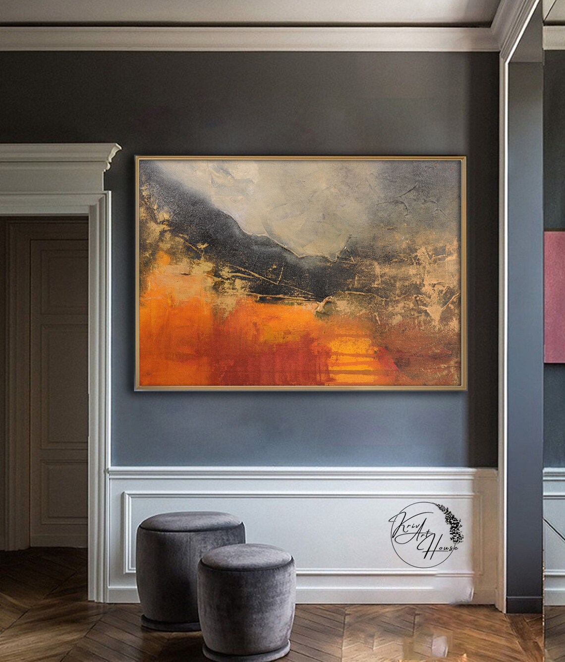 Orange and Black Abstract Acrylic Wall Art Print - Image 2