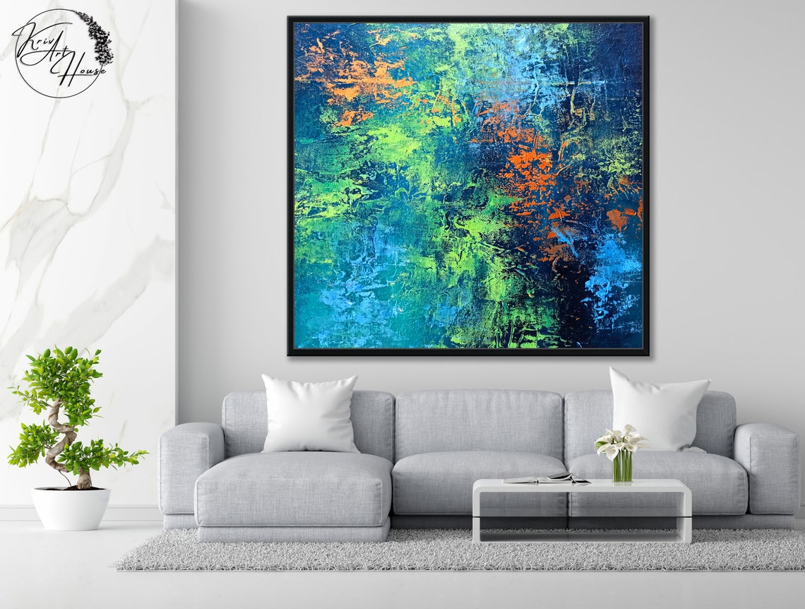 Blue Green Orange Vibrant Textured Abstract Horizontal Art Poster - Image 3
