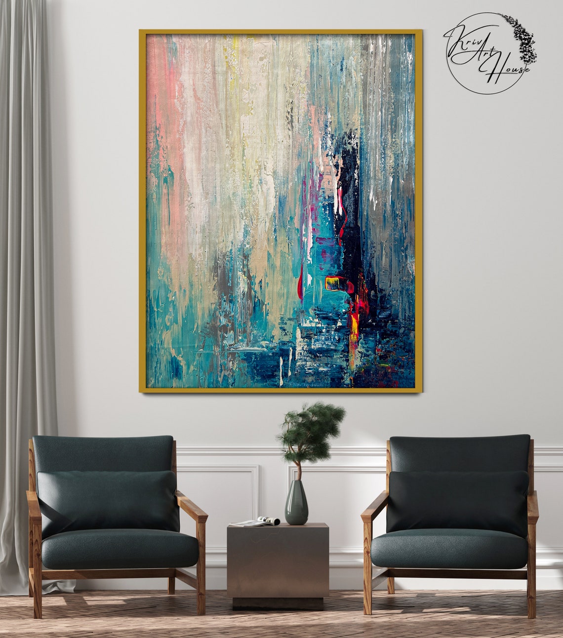 Teal Blue Waterfall Flow Abstract Painting Vertical Modern Wall Poster - Image 2