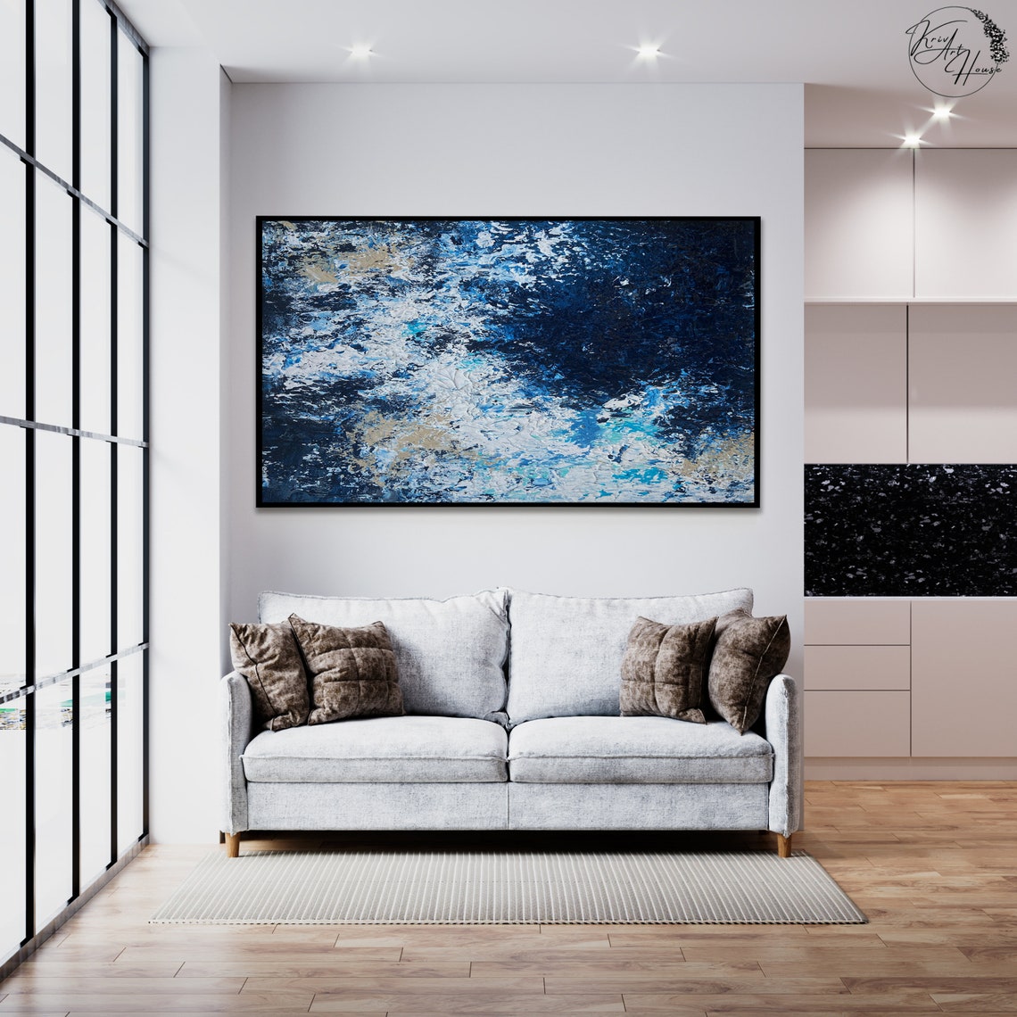 Navy Blue Ocean Foam Abstract Textured Waves Wall Art Poster - Image 2
