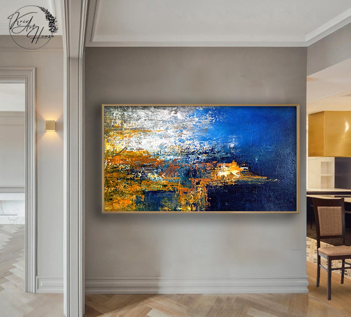 Blue Gold Abstract Fiery Orange Bursts Textured Canvas Art Poster - Image 4