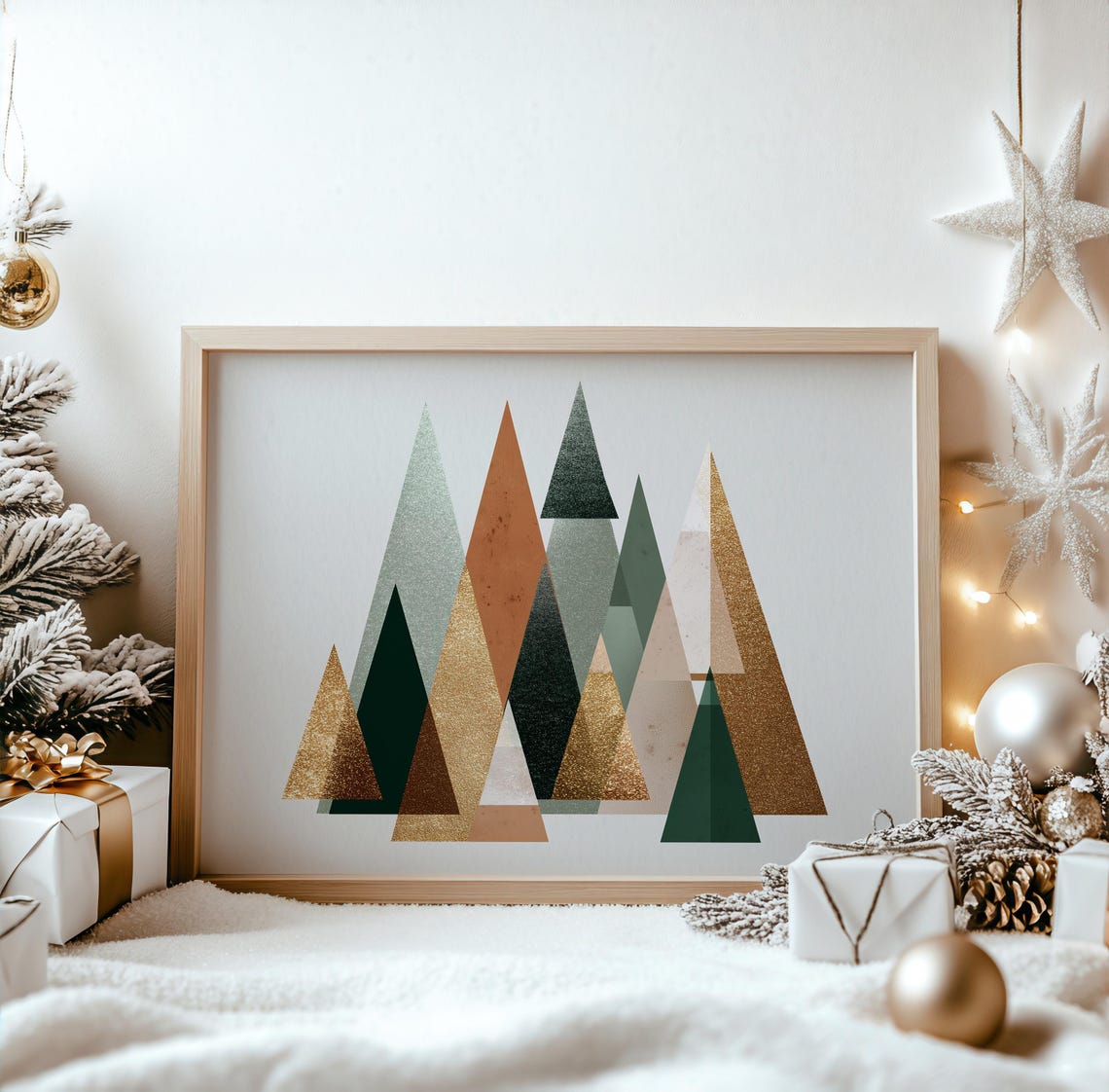 Modern Geometric Christmas Trees Gold Green Abstract Holiday Poster
