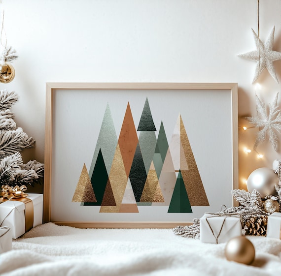 Modern Geometric Christmas Trees Gold Green Abstract Holiday Poster