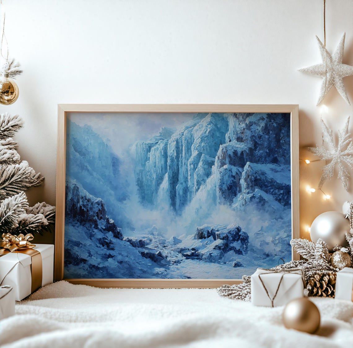 Frozen Waterfall Icy Cliffs Winter Wonderland Blue Painting Poster